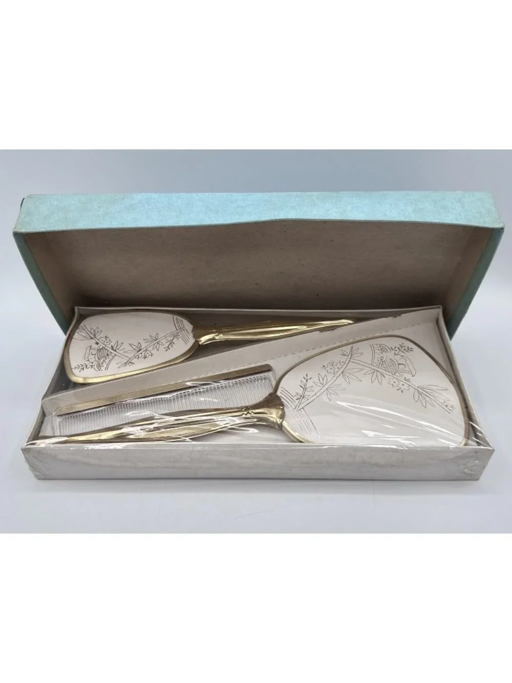 3 Piece Vanity Set Handheld Mirror Brush Comb Gold Tone Vtg Original Box NOS